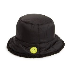 Steve Madden Black Quilted Faux Fur Shearling Smiley Bucket Hat NWT